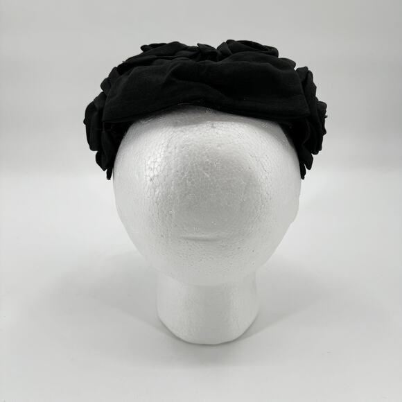 Black Fascinator Fabric Rosettes Over Mesh Form VTG Headwear main image 9